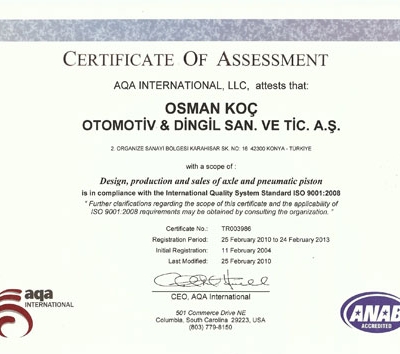 Сертификат ISO 9001:2008 — AQA International, LLC · ANAB Accredited