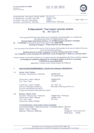Сертификат TÜV SÜD Automotive · Тип JUMBO J19.5 — TÜV SÜD Automotive GmbH · Германия